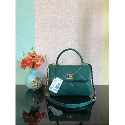 Originální kabelka Chanel CC z jehněčí kůže s horním uchem A92236 tmavě zelená a kovová ve zlaté barvě