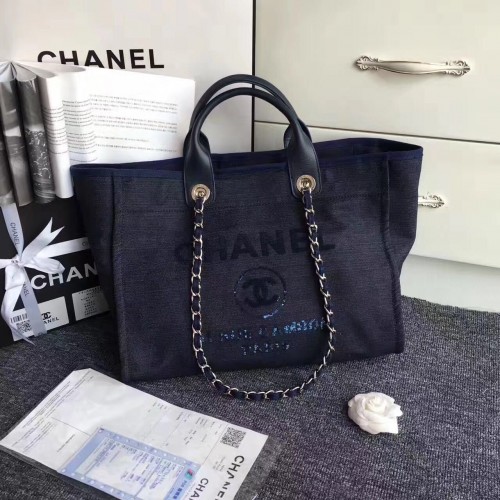 Nákupní taška Chanel Canvas Leather Tote tmavě modrá A1679
