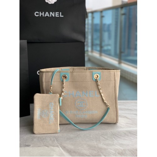 Nákupní taška Chanel Canvas 67001 Béžová a nebesky modrá