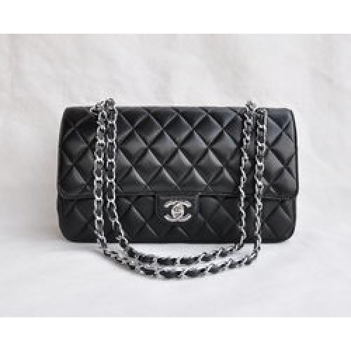 Chanel Classic 2.55 Series Černá jehněčí prošívaná kabelka se stříbrným řetízkem 1113