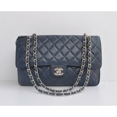 Chanel Classic 2.55 Series světle modrá prošívaná kabelka s klopou a stříbrným řetízkem s kaviárem 1113