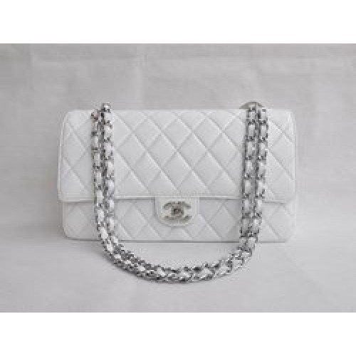 Chanel Classic 2.55 Series bílá jehněčí kůže prošívaná klopová kabelka se stříbrným řetízkem 1113
