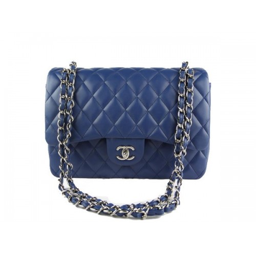 Chanel Klasická klopová kabelka 1113 RoyalBlue Originální ovčí kůže Stříbrná