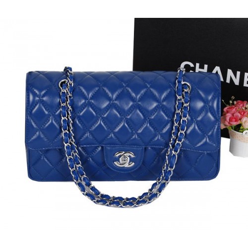 Chanel Klasická klopová kabelka 1113 Royal Blue Ovčí kůže Stříbrná