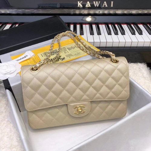 Chanel Klasická klopová kabelka Chevron Caviar Leather A01112A šampaňská