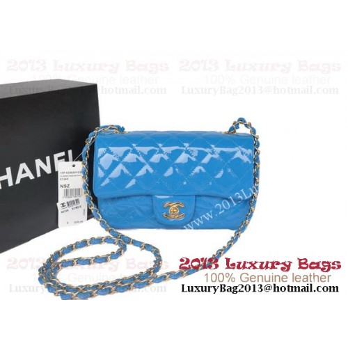 Chanel Klasické klopové kabelky SkyBlue Originální lakovaná kůže A1116 Zlatá