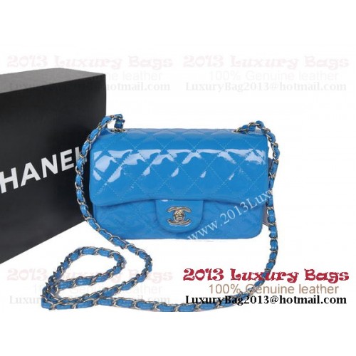 Chanel Klasické klopové kabelky SkyBlue Originální lakovaná kůže A1116 Stříbrná