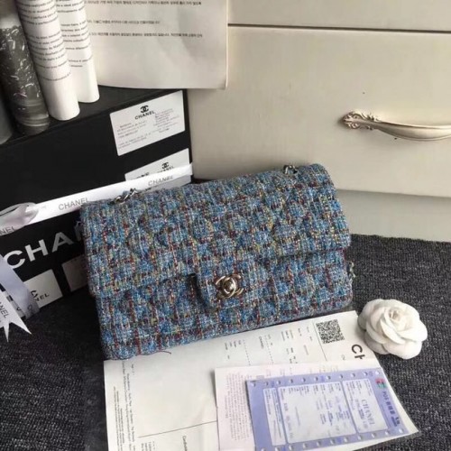 Klasická kabelka Chanel Embroidered Tweed Silver-Tone Metal A01112 modrá