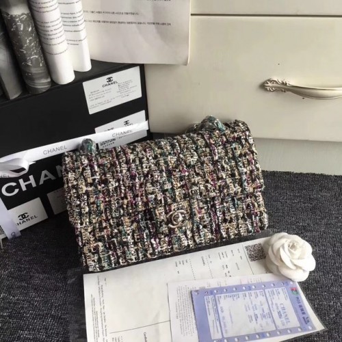 Klasická kabelka Chanel Embroidered Tweed stříbrné barvy kovu A01112 zelená