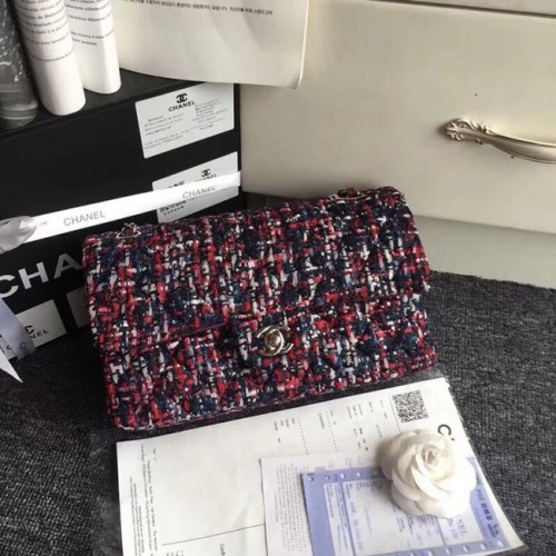 Klasická kabelka Chanel Embroidered Tweed stříbrné barvy kovu A01112 červená