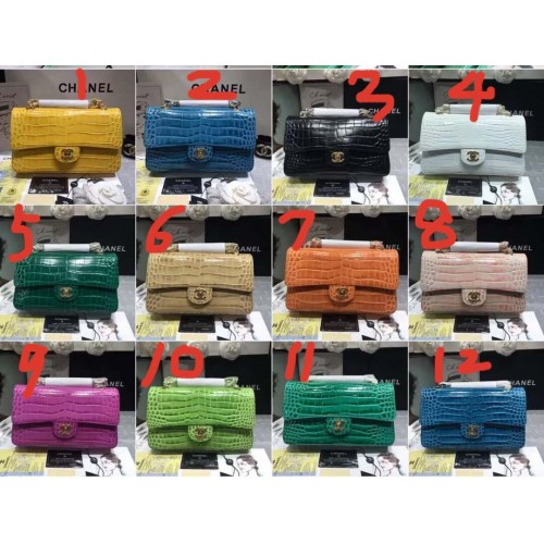 Klasická kabelka Chanel Originální kovová kabelka Aligátor zlaté barvy A01112