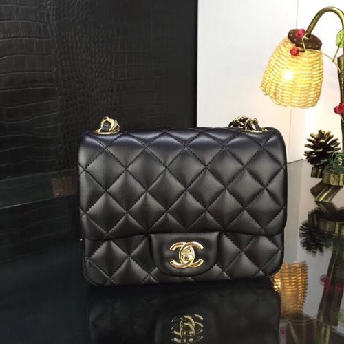 Chanel Klasická MINI Klapková Kabelka Originální Ovčí Kůže A1115 Černý Zlatý Řetízek