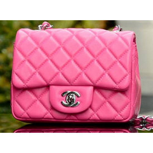 Chanel Klasická MINI kabelka s klopou z růžové ovčí kůže A37585 stříbrná