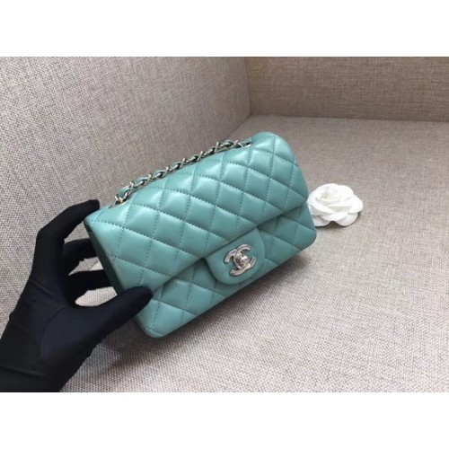 Chanel Klasická MINI Klapková Kabelka Originální Ovčí Kůže A1116 Světle Modrý Stříbrný Řetízek