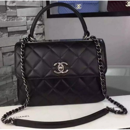 Chanel Klasická kabelka s klopou z černé originální kůže A98079 stříbrná