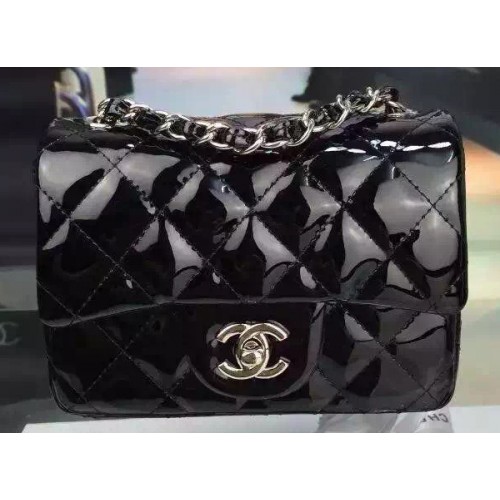 Chanel Klasická mini kabelka s klopou, černá, originální lakovaná kůže CF7171, stříbrná
