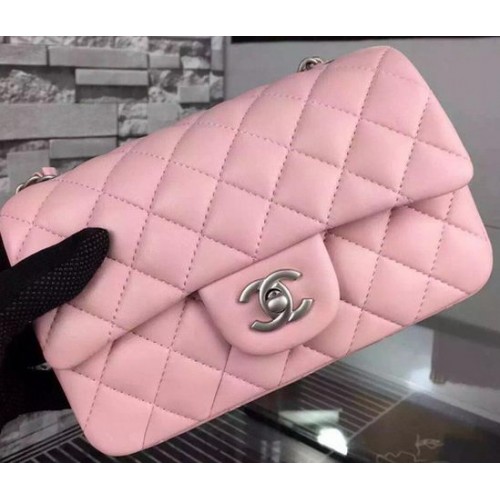 Chanel Klasická mini kabelka s klopou růžová z ovčí kůže A67350 stříbrná