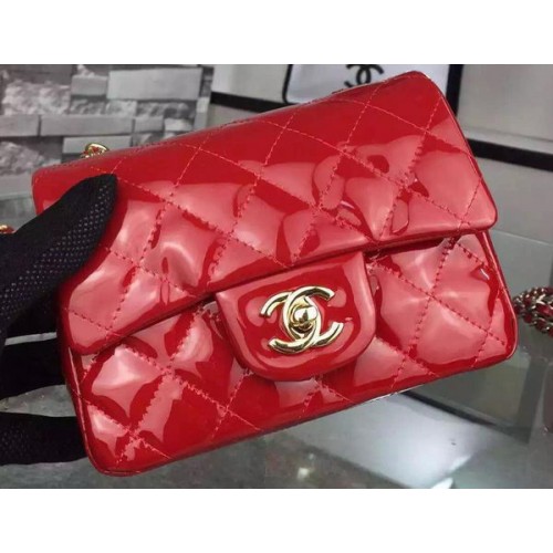 Chanel Klasická mini kabelka s klopou, červená, originální lakovaná kůže CF7171, zlatá