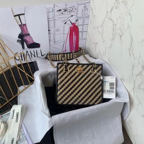 Kabelka Chanel se stahovací šňůrkou, rafie, jutová nitě, zlatá, kovová, černá, béžová AS2421