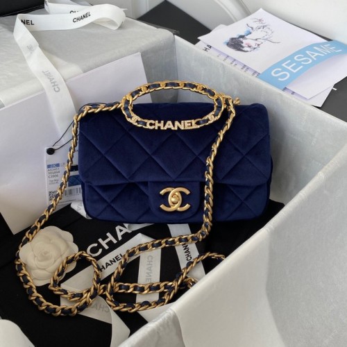Chanel FLAP BAG Velvet zlatá kovová AS3451 modrá