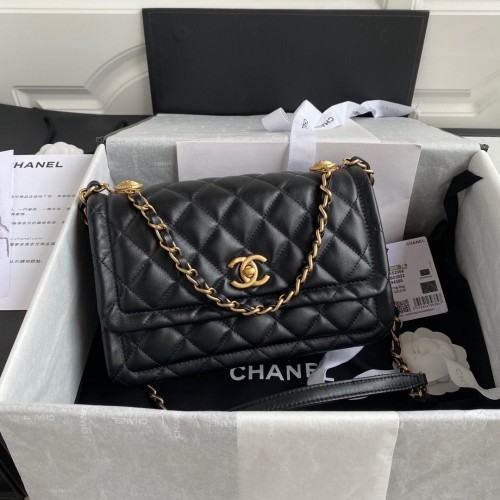 Kabelka Chanel Flap Bag z ovčí kůže, zlatá, kovová, AP1737, černá