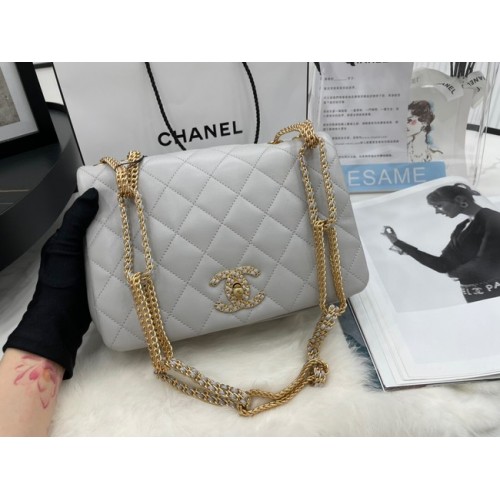 Kabelka přes rameno Chanel Flap z jehněčí kůže AS2976 světle šedá