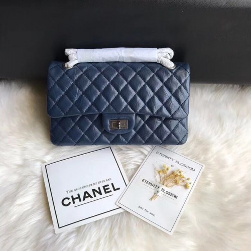 Chanel Flap Original Cowhide Leather 30225 modrý stříbrný řetízek