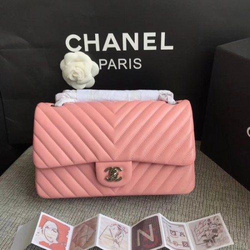 Chanel Flap Originální kožená kabelka přes rameno 1112V Třešňově růžová se stříbrným řetízkem