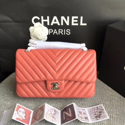 Chanel Flap Original Lambskin Leather Crossbody Bag 1112V melounová červená stříbrná kabelka s řetízkem