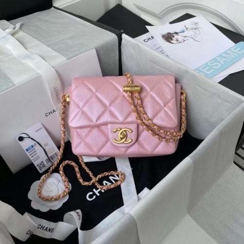 Kabelka Chanel Flap Shoulder Cabelko z telecí kůže AS2855 perleťově růžová