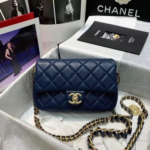 Kabelka přes rameno Chanel s klopou, originální kůže AS2543 tmavě modrá