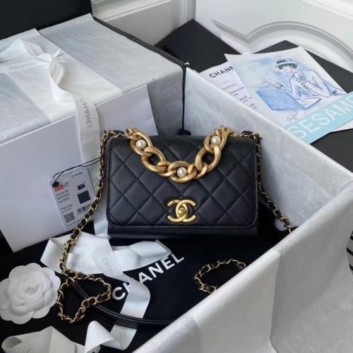 Kabelka přes rameno Chanel s klopou, originální kůže AS2638, černá
