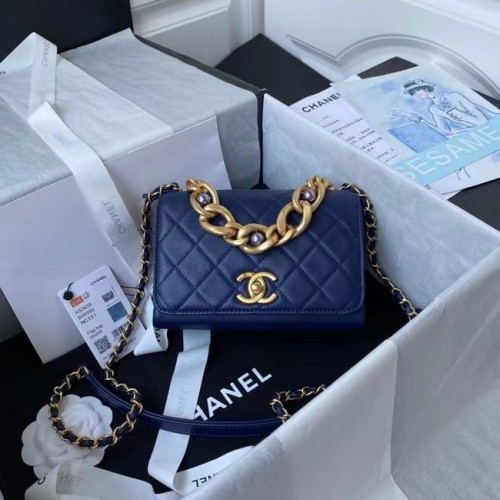 Kabelka přes rameno Chanel s klopou, originální kůže AS2638 modrá