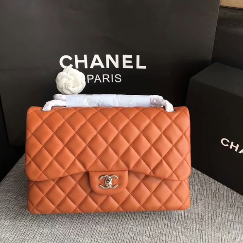 Kabelky Chanel s klopami přes rameno oranžové originální jehněčí kůže CF1113 stříbrné
