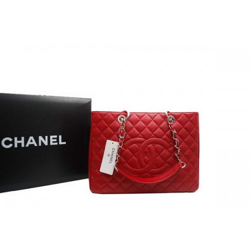 Chanel GST Caviar Leather Coco Bag A36092 červeno-stříbrná