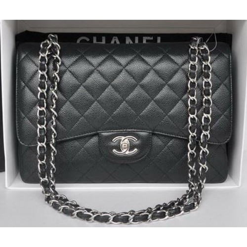 Kabelka Chanel Jumbo s dvojitou klopou, černá, s cannage vzorem, A36097, stříbrná