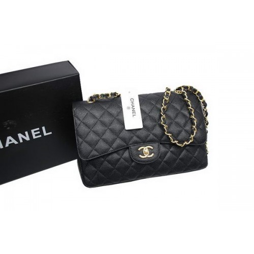 Chanel Jumbo kabelka s dvojitou klopou černá originální kaviárová kůže A36097 zlatá