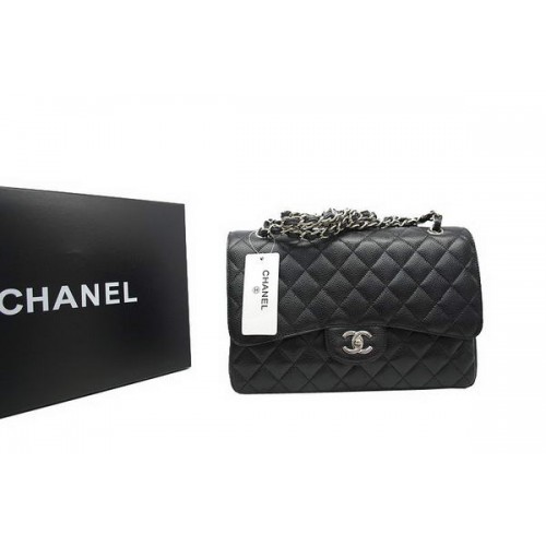 Chanel Jumbo kabelka s dvojitou klopou černá originální kaviárová kůže A36097 stříbrná