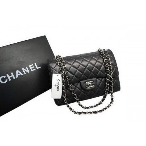 Chanel Jumbo kabelka s dvojitou klopou černá originální jehněčí kůže A36097 stříbrná