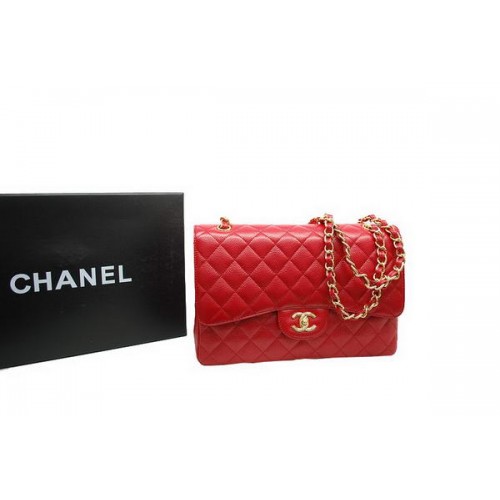 Chanel Jumbo kabelka s dvojitou klopou, červená, originální kaviárová kůže A36097, zlatá