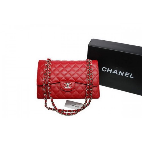 Chanel Jumbo kabelka s dvojitou klopou, červená, originální kaviárová kůže A36097, stříbrná