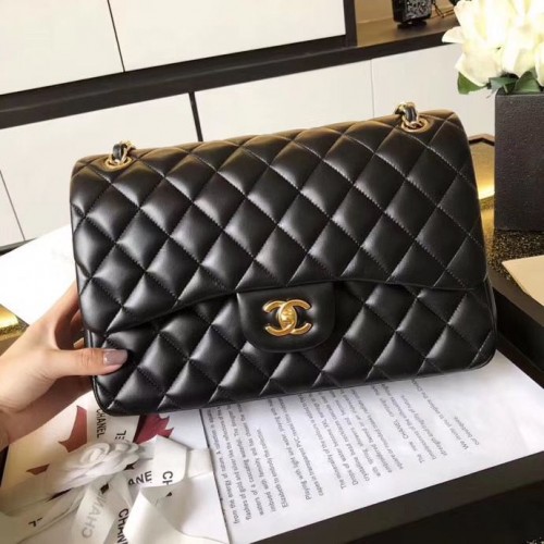 Chanel Jumbo kabelky s dvojitou klopou, černé, originální ovčí kůže A36097 zlaté
