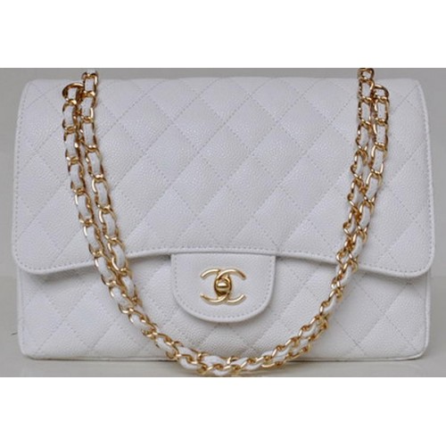 Chanel Jumbo prošívaná klasická klopová kabelka bílá Cannage Patterns A58600 zlatá