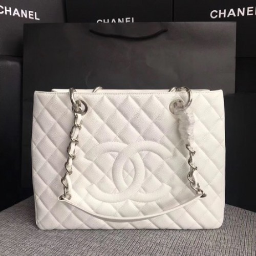 Nákupní taška Chanel LE Boy Grand GST bílá, vzor Cannage A50995 stříbrná
