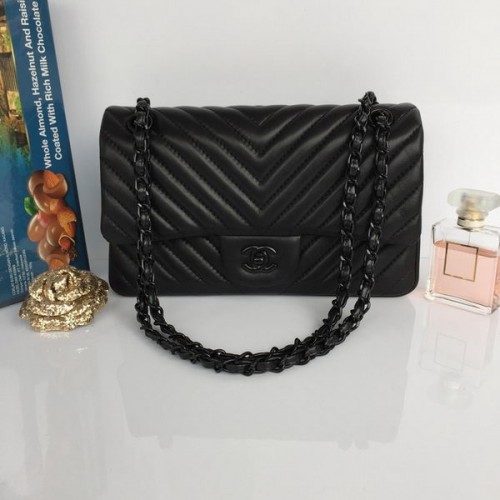 Chanel Lambskin Chevron Quilting Classic Flap Bag AO1112 Černá