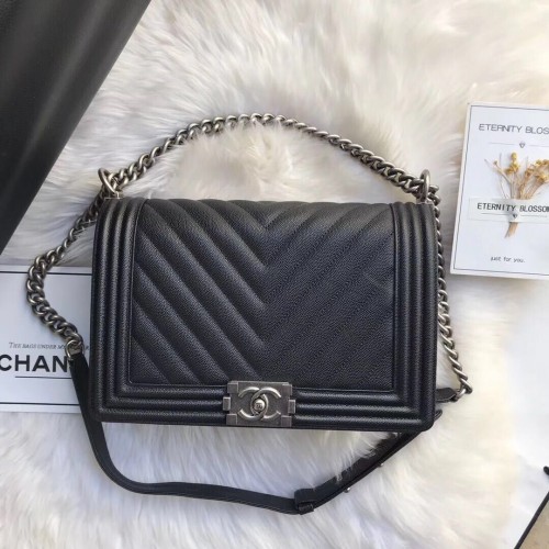 Chanel Leboy Originální Kaviárová Kožená Kabelka Přes Rameno Černá A67087 Stříbrná