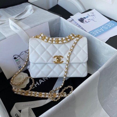 Chanel MINI FLAP BAG Zrnitá telecí kůže zlaté barvy kov AS3580 bílá