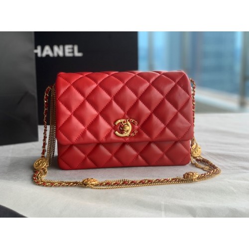 Chanel MINI FLAP BAG Jehněčí kůže Zlatá kovová AS3378 červená