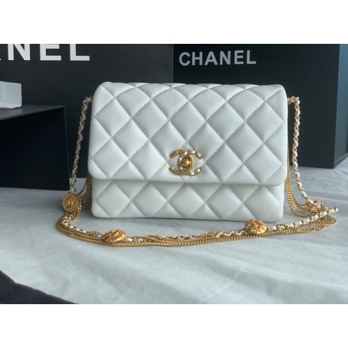 Chanel MINI FLAP BAG Jehněčí kůže Zlatá kovová AS3378 bílá