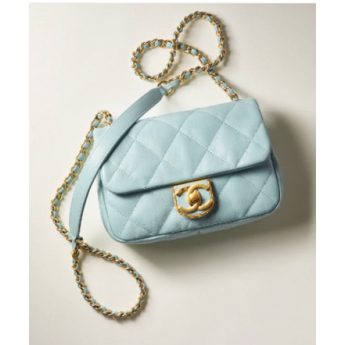 Chanel MINI FLAP BAG Jehněčí kůže zlatá kovová AS3473 světle modrá